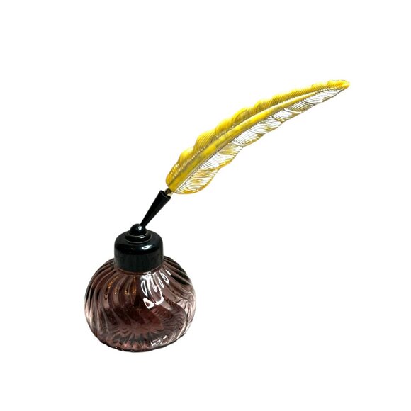 Vintage Avon Glass Ink Bottle With Yellow Feather Quill Pen Set - Empty - Picture 2 of 9